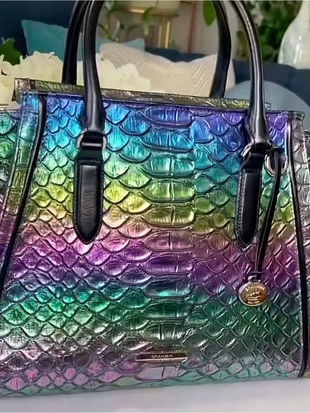 Brahmin Iridescent Rainbow Croc-Embossed Tote with Black Handles